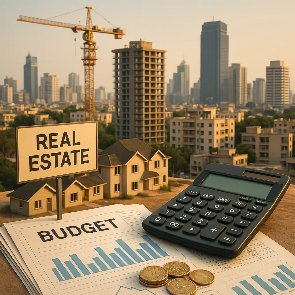 "Illustration of Pakistan’s real estate market showing Karachi skyline, construction cranes, rupee coins, and budget documents symbolizing the impact of the 2025-26 budget on the property sector.